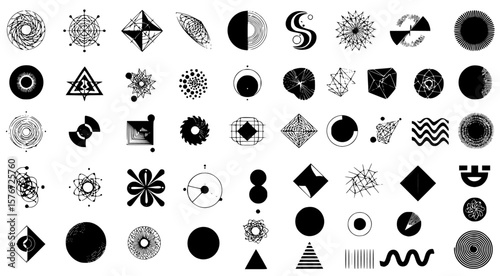 Collection of diverse geometric shapes, minimalist abstract designs and black ink elements on white background showcasing artistic patterns.