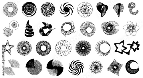 Collection of creative spiral shapes showcase designs and patterns with black and white abstract graphic elements for artistic projects