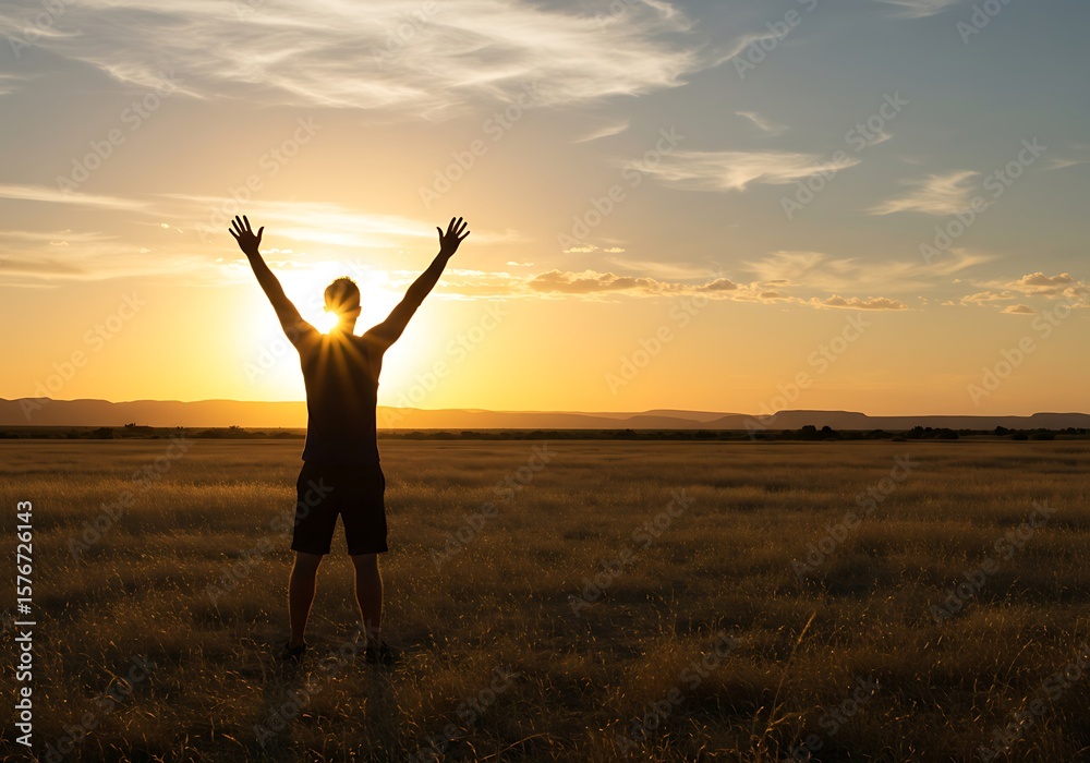 Silhouette of a Man Raising Arms at Sunset over a Field. Generative Ai Silhouette of a Man Raising Arms at Sunset over a Field. Generative Ai