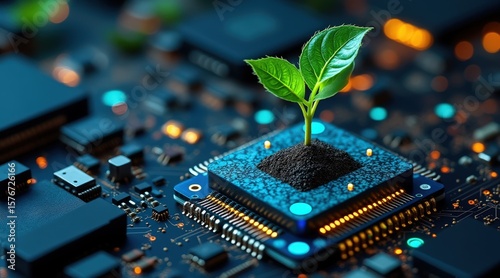 startup seed technology concept. A plant grows from a microchip, symbolizing technology and nature's harmony.