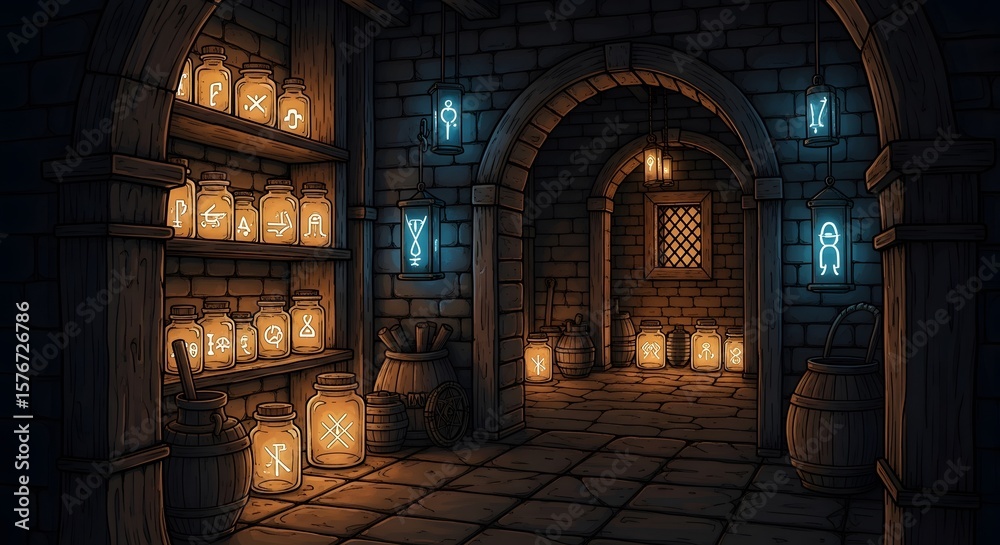 Fototapeta premium Pixel art depiction of a dimly lit stone chamber illuminated by glowing lanterns and symbols. The scene features shelves filled with jars and arched doorways.