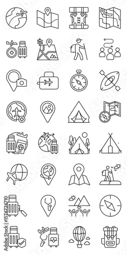 Thrilling Adventures and Tourism Destinations set of web icons in line style. adventure travel, thrilling destinations, extreme tourism and outdoor adventure. Vector illustration