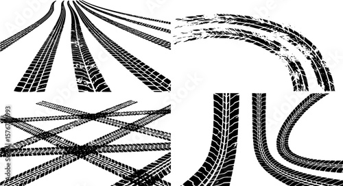 Tire tracks after skidding, launch, drift, powerslide in motorsport, rally, off-road, motocross. Wheel texture with splash effect. Vector, EPS 10 version.