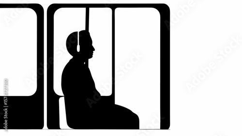 Silhouette of a person sitting on a bus or train with windows and overhead handrail in black and white