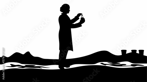 Silhouette of a scientist examining a vial in a landscape with hills and containers in black and white
