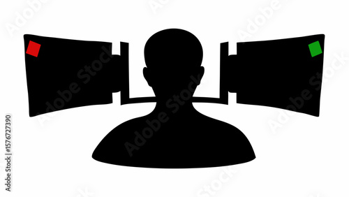 Silhouette of person with two screens attached to head with red and green squares displayed on them