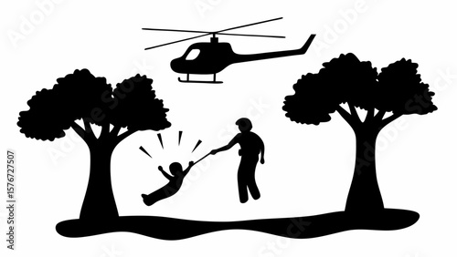 Silhouette image depicting a man rescuing a child with a stick under a helicopter near trees