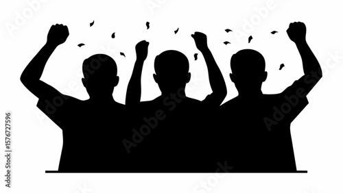 Silhouette of three people with raised fists celebrating under falling confetti in black and white style
