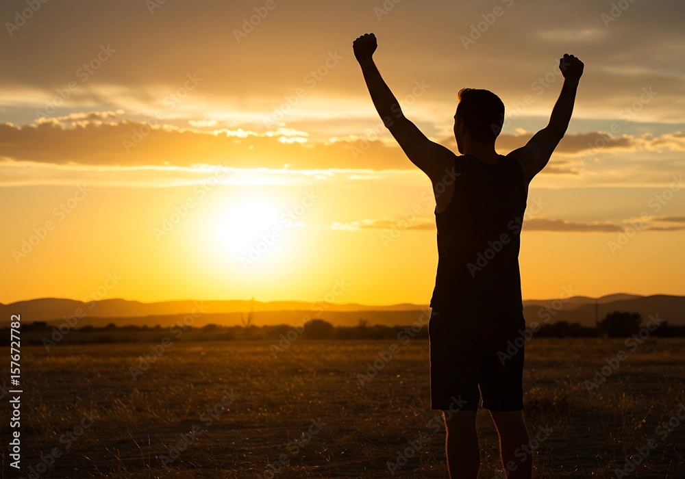 Fototapeta premium Silhouette of a man celebrating sunset in a desert landscape. Generative Ai