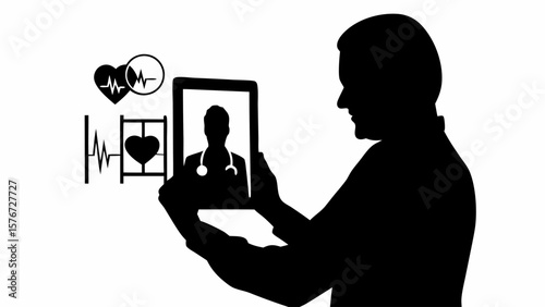 Silhouette of person holding tablet with doctor image and heart health symbols on white background