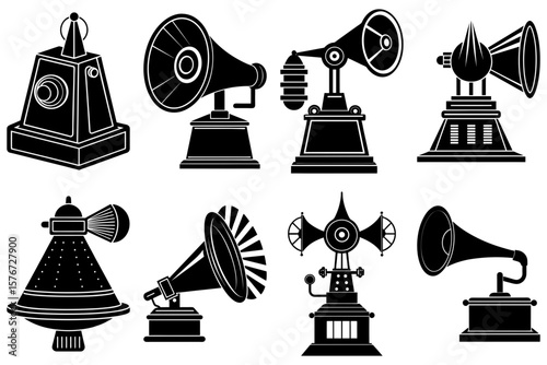 Illustration of eight antique style gramophones and megaphones in black and white silhouette style