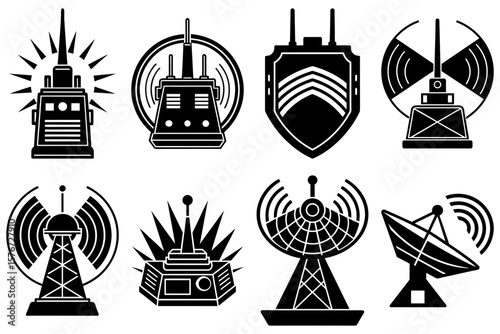 Collection of black and white communication devices including radios and satellite dishes in various styles