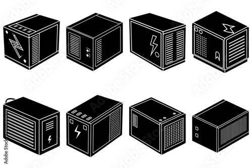 Isometric view of eight black generators with lightning bolt symbols and vent details in white lines