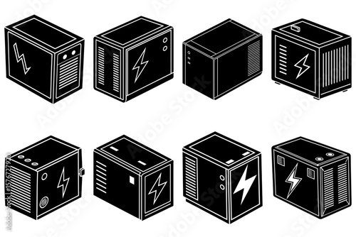 Isometric illustration of eight black electrical boxes with lightning bolt symbols and vents arranged