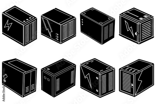 Isometric illustration of eight black server racks with lightning bolt designs and ventilation grates