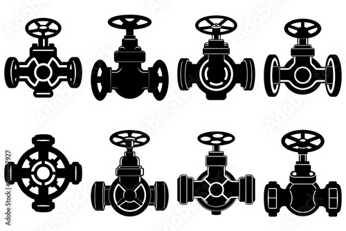 Illustration of eight black and white industrial valve silhouettes with various designs and wheel handles