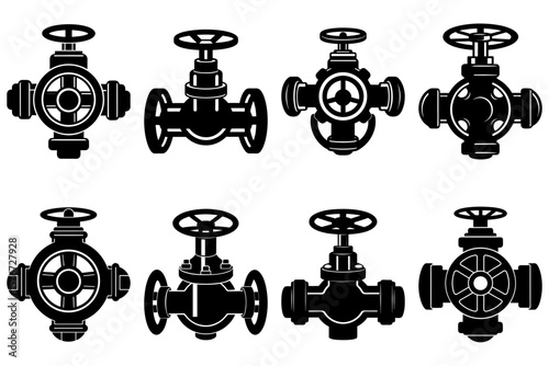 Illustration showing eight different black and white valve designs in a symmetrical arrangement style