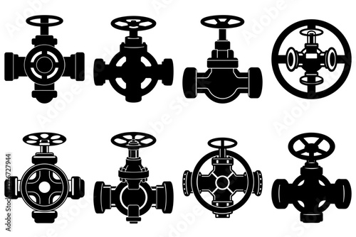 Illustration showing a variety of black and white industrial valve and pipeline equipment designs in a group