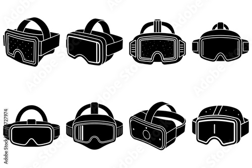 Illustration showing eight different virtual reality headsets in a black and white design style