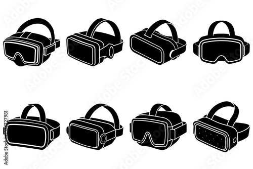 Collection of eight virtual reality headsets in various isometric views on a white background surface