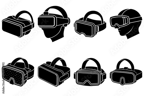 Collection of black and white vr headsets in various styles and perspectives on a white background view