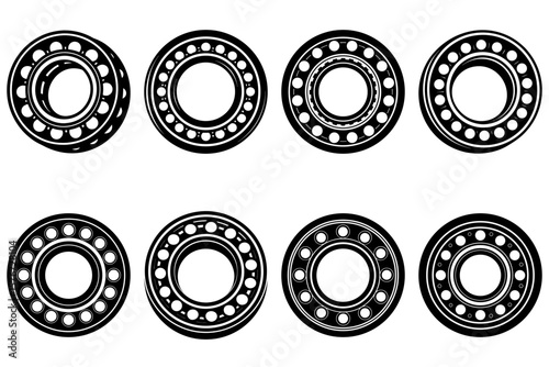 Illustration showing eight different types of bearings arranged in a rectangular pattern on white background