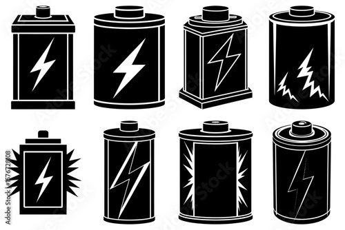 Collection of eight black and white battery illustrations with lightning bolt symbols on them
