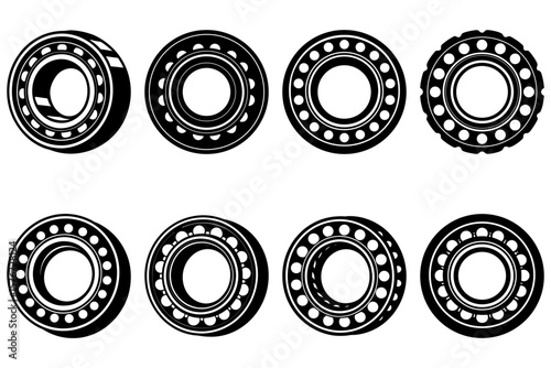 A collection of eight black and white bearing illustrations with varying designs and perspectives shown here