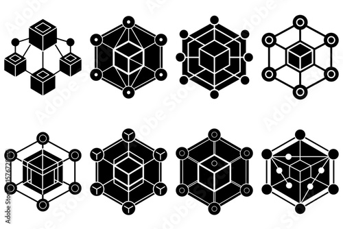Isometric cube structures connected by lines and circles in a geometric arrangement on white background