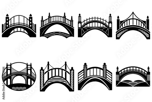 Collection of eight bridge designs in black and white showing different architectural styles and details