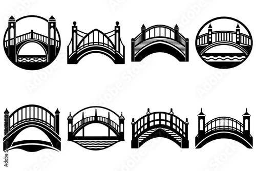 Collection of eight bridge silhouettes in varying designs and enclosed in different shapes and orientations