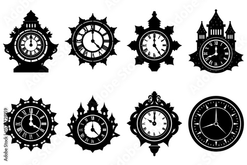 Collection of eight ornate clocks with different designs in black silhouette on a white background