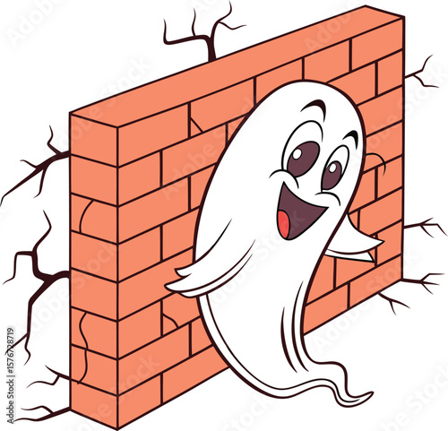 funny ghost coming through brick wall cartoon art