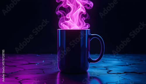 Wallpaper Mural Stylish Neon Pink Smoke Rising from a Dark Blue Mug.A dark, moody image showcasing a dark blue mug with vibrant pink smoke rising from it. Torontodigital.ca