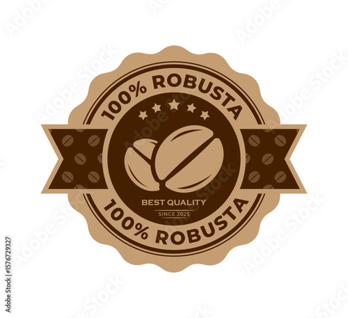 100% robusta coffee badge premium quality. Coffee beans with Circle label and ribbon. For logo, symbol, sign, icon, seal, tag, stamp, emblem. Vector Illustration