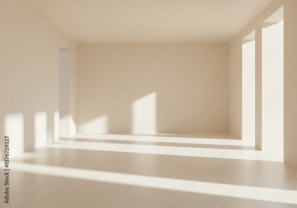 Fototapeta premium An empty, light-filled room with sunlight streaming through the windows, creating shadows on the floor and walls.