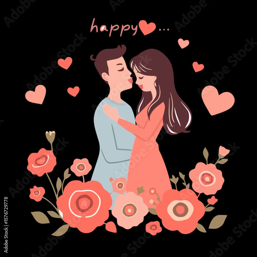 Happy couple embracing surrounded by flowers and hearts illustration.