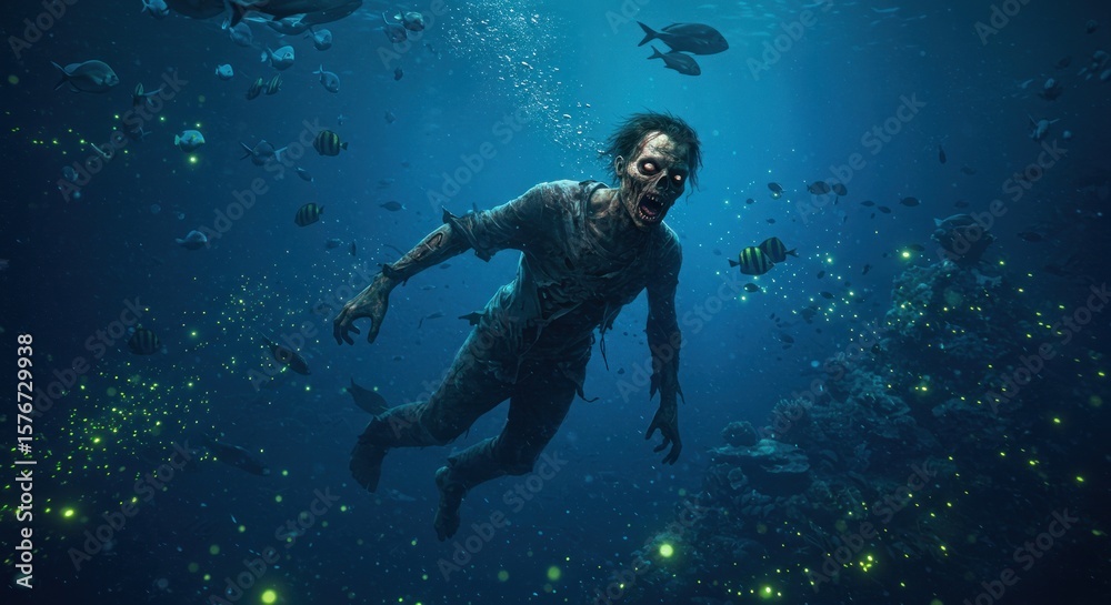 Submerged horror cinematic underwater zombie figure amidst marine life spectacle