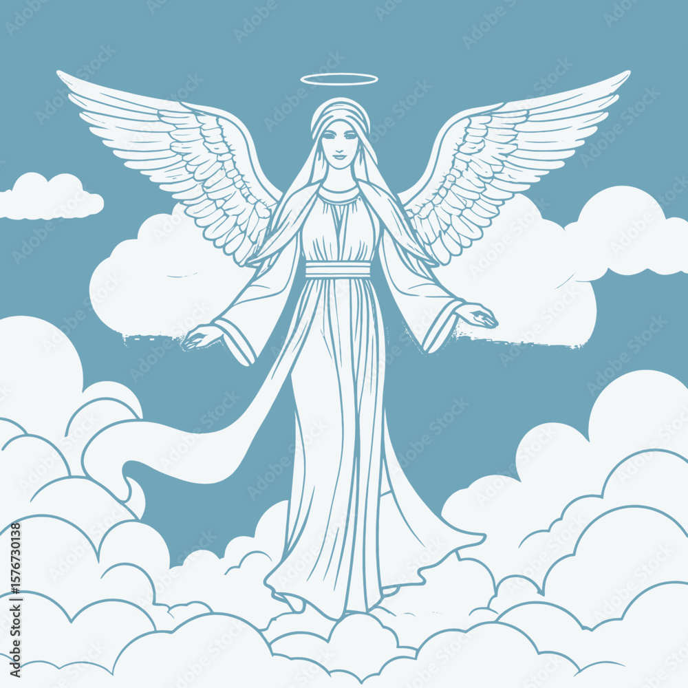 Fototapeta premium Angel floating with wings extended halo clouds