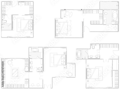 Master Bedroom Suite Layout with Walk-in Closet and Bathroom - 2D AutoCAD Vector Drawing Set (4 Rooms)
