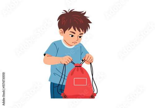 Illustration SVG Vector SVG Design of Sad Boy Holding Backpack in Flat Style with Simple Shapes and Muted Colors for Web and App Use