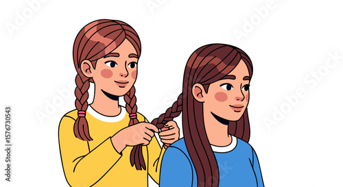 Illustration Vector SVG of Two Girls Braiding Hair in Modern Flat Style with Natural Colors for Web and Digital Media