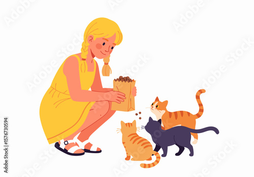 Flat Vector SVG Illustration of Girl with Cats in Modern Minimalist Style Featuring Bright Colors and Playful Composition for Web and Mobile Use