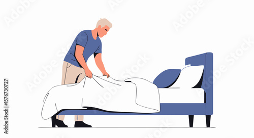 Minimalist Vector SVG Illustration of Woman Making Bed with Flat Design Elements and Soft Color Palette