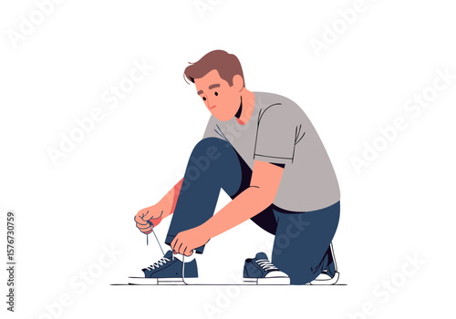 Minimalist Vector SVG Illustration of a Man Tying Shoe with Flat Design Style and Neutral Colors for Web and Digital Use