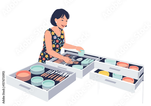 Flat Vector SVG Illustration of Woman Organizing Dishes in Drawer Modern Minimalist Style with Bright Colors