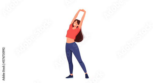Minimalist Vector SVG Illustration of Woman Stretching in Modern Flat Style with Red Top and Blue Pants for Web and Digital Use