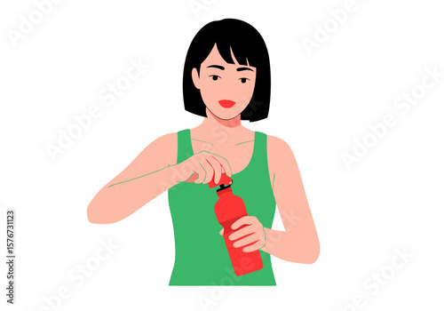 Minimalist Vector SVG Illustration of Woman Opening Bottle in Flat Design Style with Green Tank Top and Red Bottle