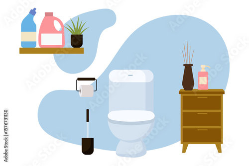 Clean and organized bathroom featuring essential cleaning supplies and decor