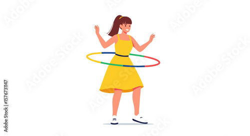 Vector SVG Illustration of a Girl Hula Hooping in Modern Flat Style with Bright Colors for Web and App Design
